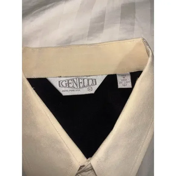 VINTAGE MENS GENELLI Black And Cream Two Tone SILK SHIRT NEHRU COLLAR XL Tall - Picture 4 of 8